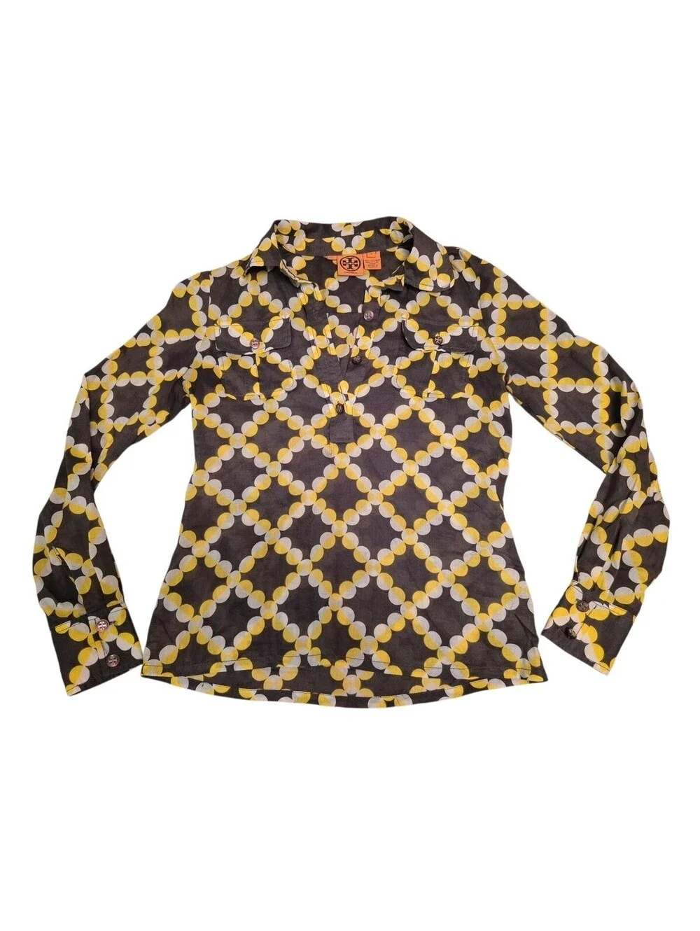 Tory Burch Gray Yellow Circular Buttoned Stephanie Tunic Blouse Shirt Size 4